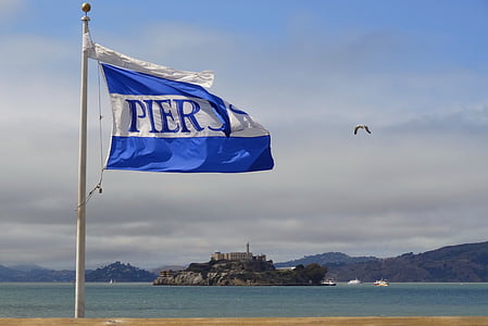 ΗΠΑ, Αμερική, Σαν Φρανσίσκο, Καλιφόρνια, Pier 39, σημαία, στη θάλασσα