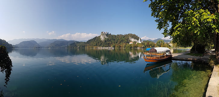 lake, castle, boat, travel, nature, mountain, bled