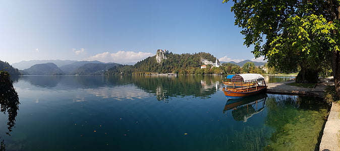 Göl, Kale, tekne, seyahat, doğa, dağ, Bled