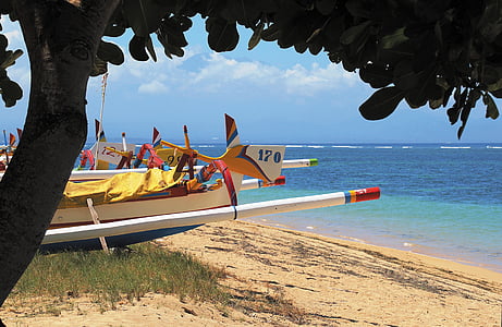 Bali, barco, tradicional, praia, sol, água, mar