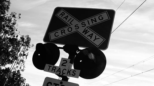 ferrocarril, creuant, signe, llums, ferrocarril, tren, transport