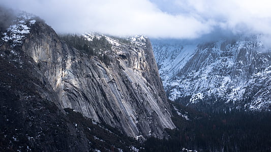 cliffs, snow covered, rock, mountain, canyon, weather, snow