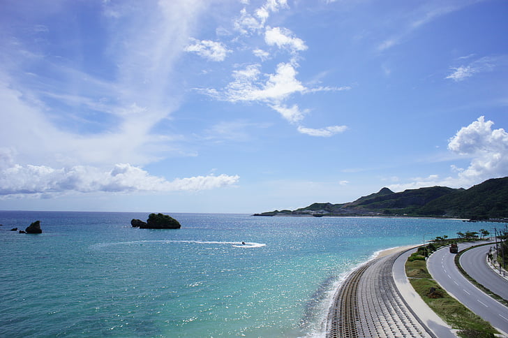 blue, japan, okinawa prefecture, sea, summer, sky, waves