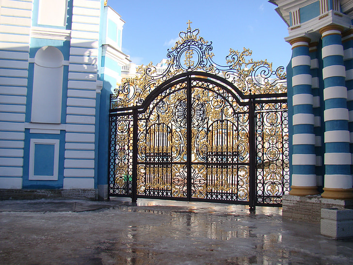 the palace ensemble tsarskoe selo, russia, gate, pattern, grille, winter, sun