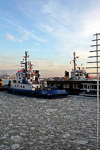 vontatóhajó, Bugsier vállalat, Harbour cruise, téli, jég, Port, Hamburg