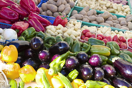 verdures, mercat, aliments, albergínies, patates