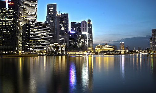 noche, Singapur, paisaje urbano, Asia, frente al mar, reflexión