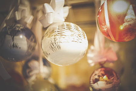 palle, sfocatura, luminoso, celebrazione, Natale, sfere di Natale, decorazione di Natale