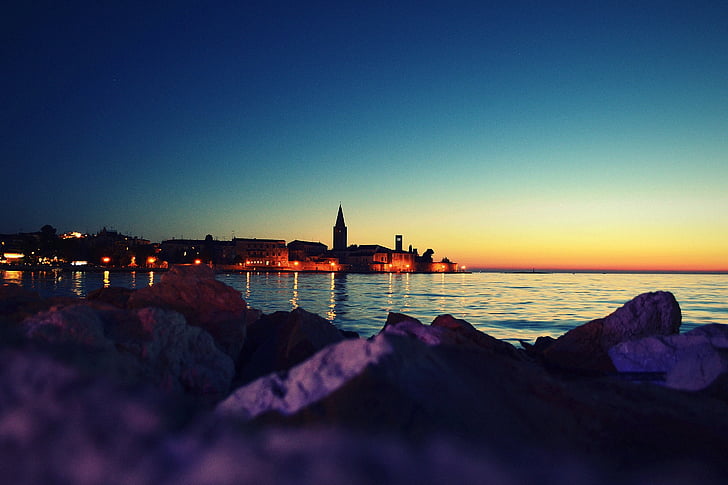 porec, croatia, summer, sea, sky, night, city