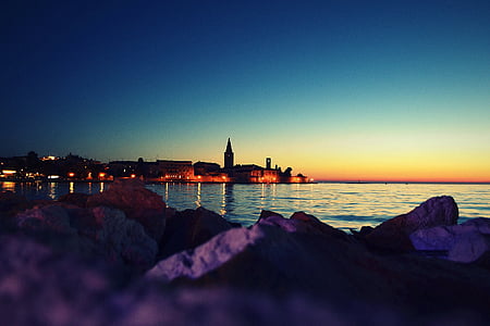 Porec, Kroatien, sommar, havet, Sky, natt, staden