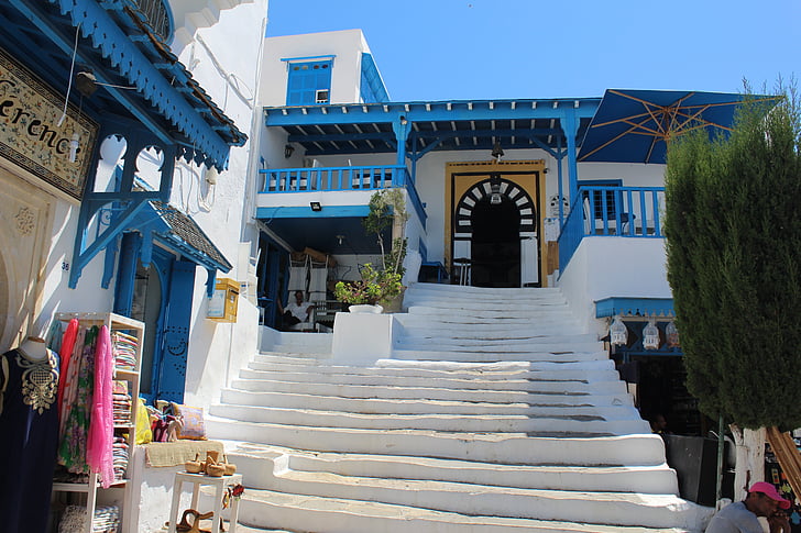 Tunísia, ciutat, cafeteria, Turisme, generosament, blau - blanc