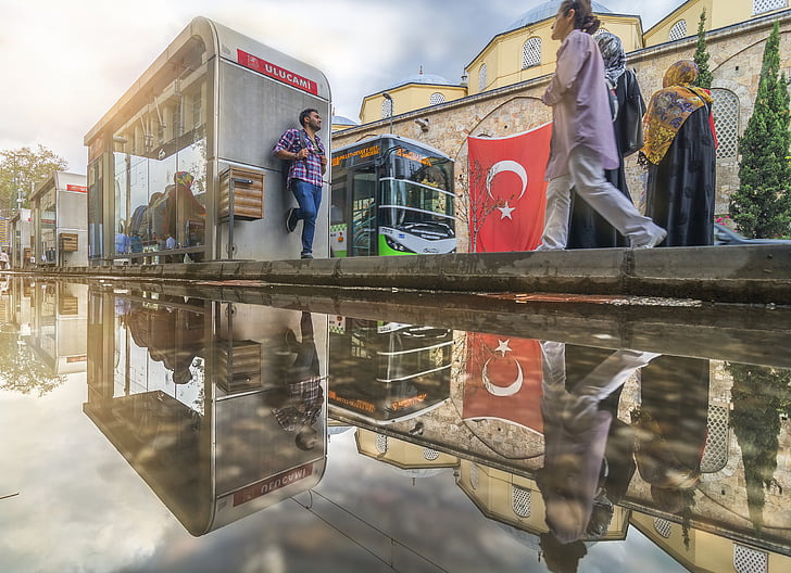 humaine, station, bus, réflexion, gens, rue, Turquie