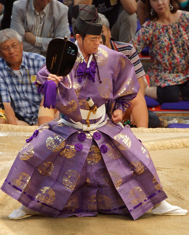 japan, ceremony, ceremonial dress, spectators, fans, sumo, wrestling