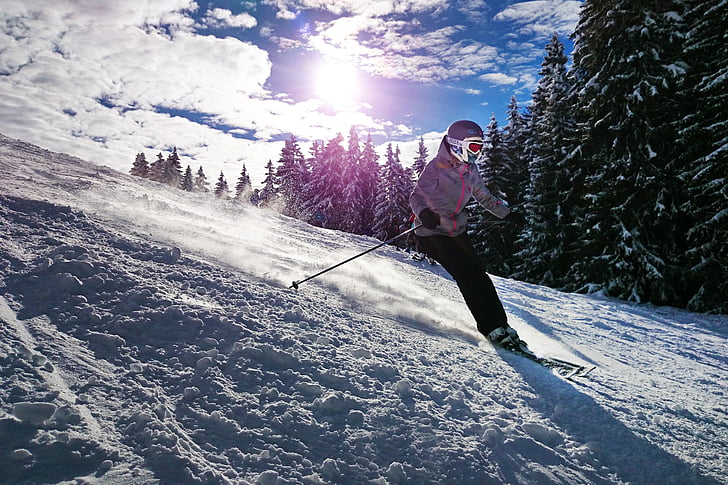 skiing, girl, sun, snow, winter, ski, sport