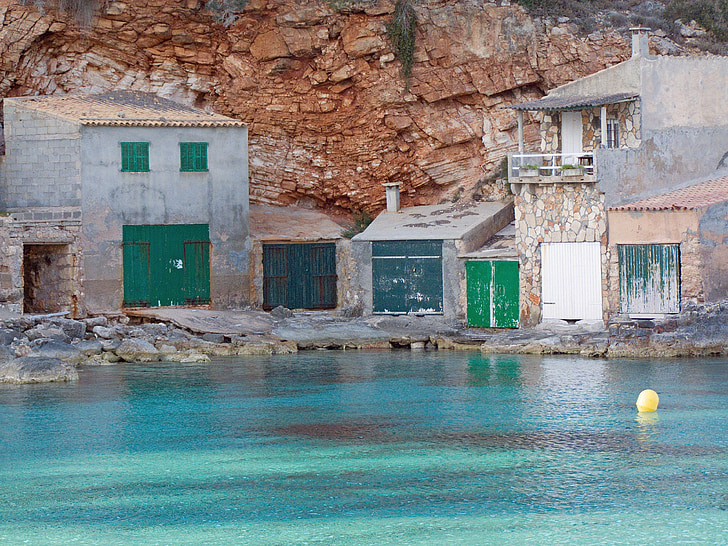 building, boat garages, sea, mallorca, turquoise, green