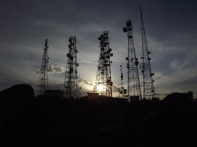 antennák, naplemente, természet, technológia, este, torony, berendezések