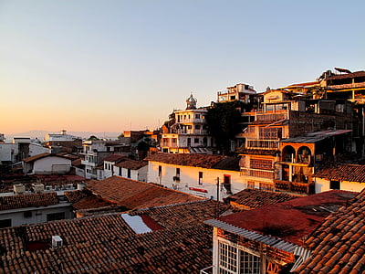 coucher de soleil, toit, Mexique, bâtiments, résidentiels, rouge, maisons