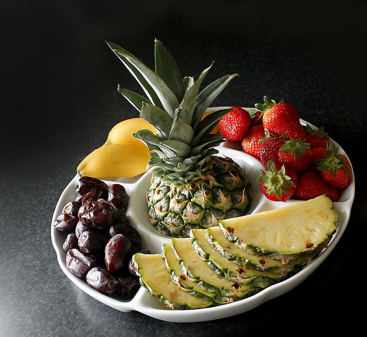 fruit bowl, fruits, pineapple, dates, bananas, strawberry, delights