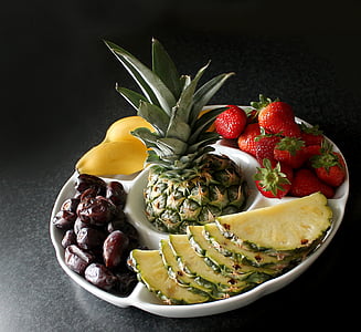 水果盘, 水果, 菠萝, 日期, 香蕉, 草莓, 喜悦