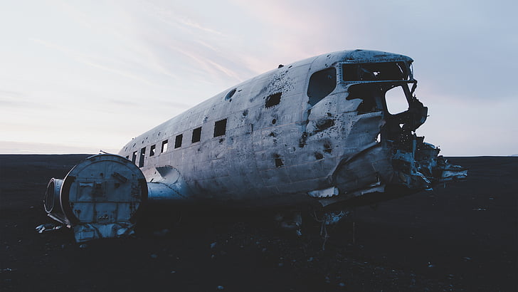 avión, plano, antiguo, restos del naufragio, daño, roto, basura