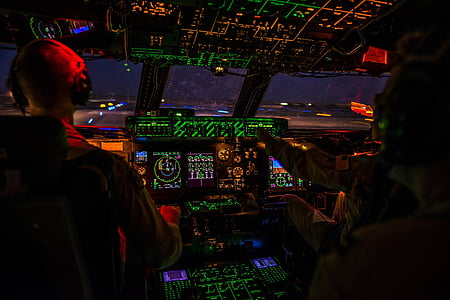 cabina do piloto, à noite, avião, aviões, avião, voo, voando