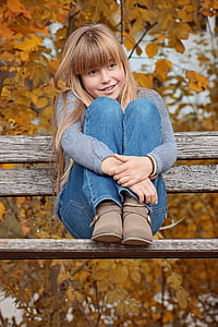 podzim, banka, dítě, Děvče, sedící, hebstfaerbung, padajícího listí