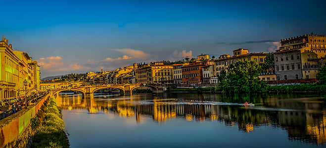 Florencja, Włochy, Ponte vecchio, chmury, Architektura, budynki, Miasto
