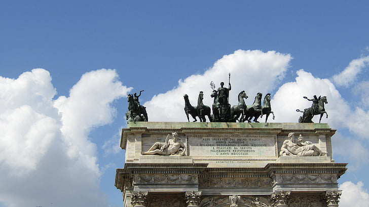 sky, monument, horses, clouds, landscape, background, blue