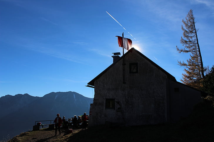 mountain hut, larch, sky, sun, contrail, contrasts, mountains