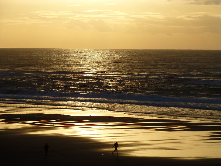 solnedgång, Lincoln city, Oregon, kusten, stranden, Stilla havet, Golden sunset
