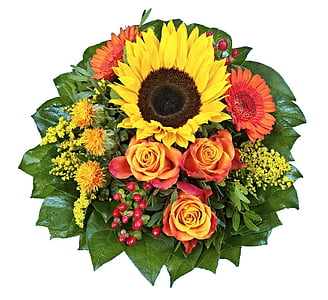 floristenstrauss, sun flower, rose, gerbera, jewellery bouquet, bouquet, flower