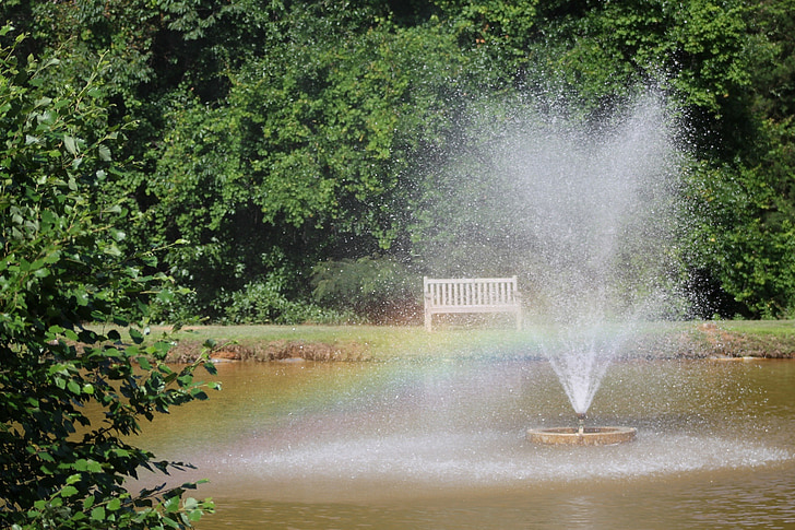 Rainbow, fontän, vatten, trädgård, spray, naturen