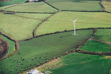 bird's eye view, fields, green, nature, windmill, landscape, rural Scene