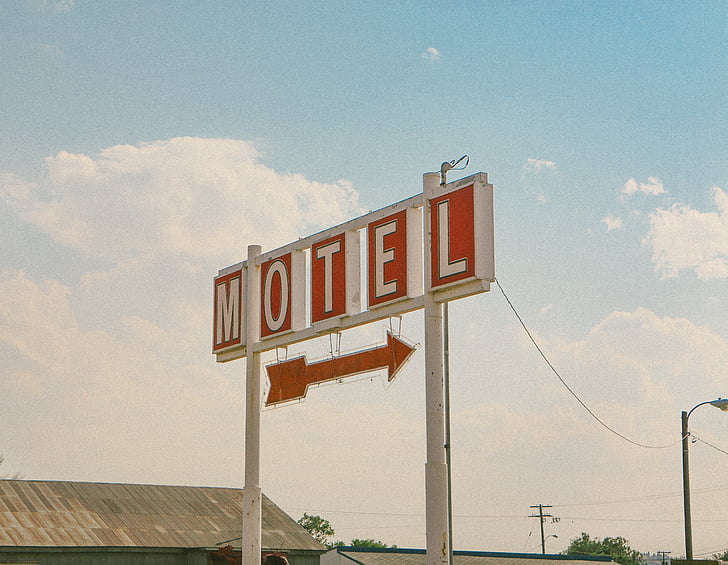 white, red, motel, road, sign, arrow, signs