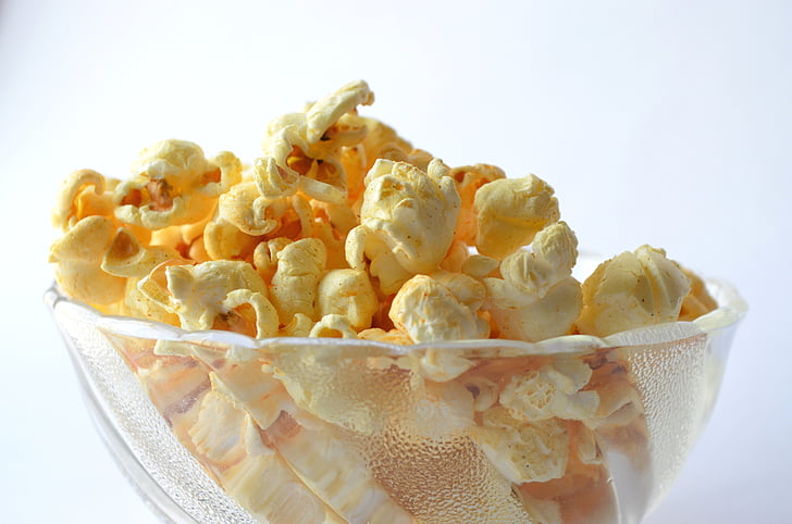 Popcorn, mat, mellanmål, skål, gul, vit, majs