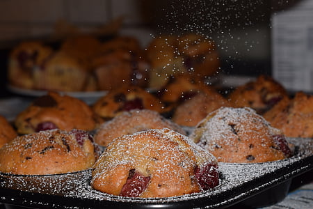 Muffin, muffin de cereza, Cueza al horno, Frisch, delicioso, comer, alimentos