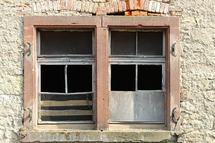 jendela, lama, dinding, batu, kaca, jendela lama, batu