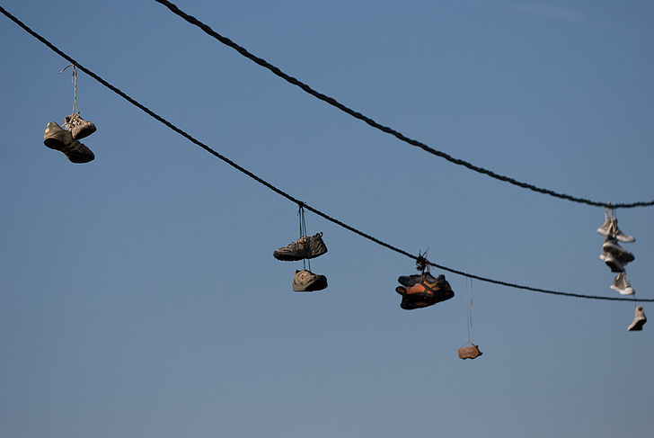 sneakers, rope, hanging, sky, line, summer, shoes