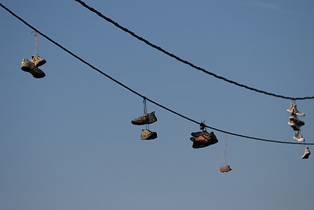 sneakers, rope, hanging, sky, line, summer, shoes