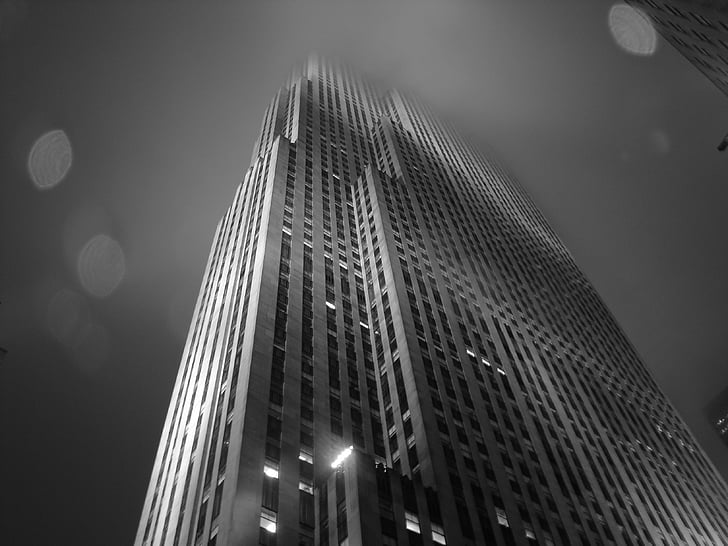 architecture, black-and-white, building, foggy, high-rise, low angle shot, perspective