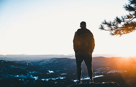 man, black, jacket, standing, mountain, sunset, guy