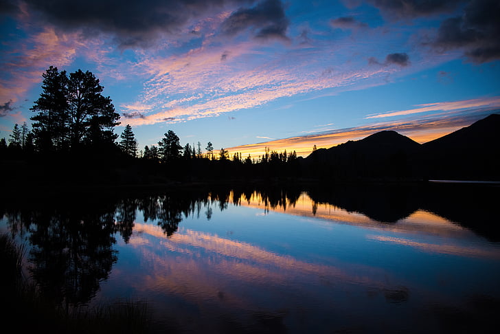 solnedgång, sjön, reflektion, glasartade, spegel, yta, slät