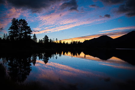 sunset, lake, reflection, glassy, mirror, surface, smooth