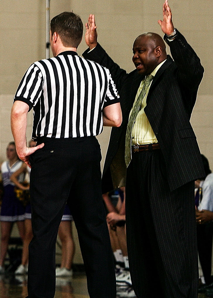 basketball, coach, referee, stripes, striped, disagreement, protest