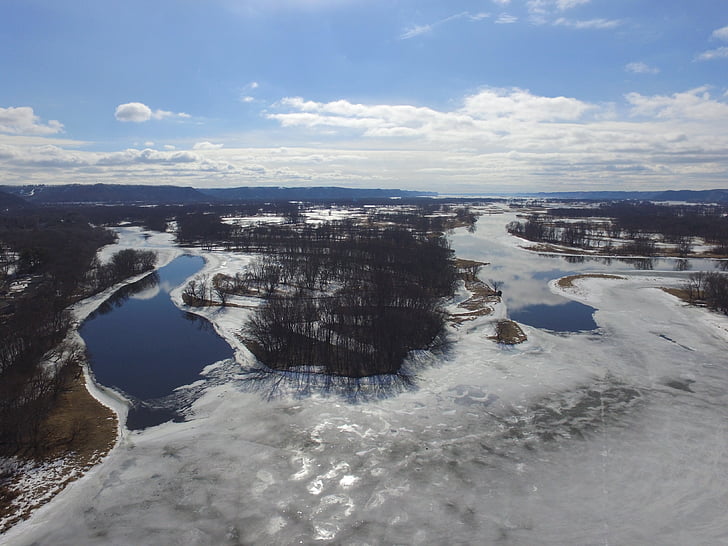 mississippi river, blue sky, drone, nature, river, water