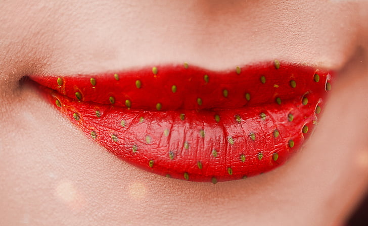 munden, læber, ansigt, hud, kvinde, jordbær, læbestift