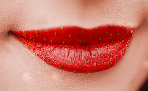 bouche, lèvres, visage, peau, femme, fraise, rouge à lèvres