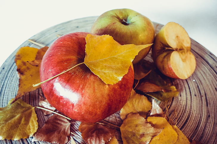 apples, autumn, leaves, golden, fall, fruit, food