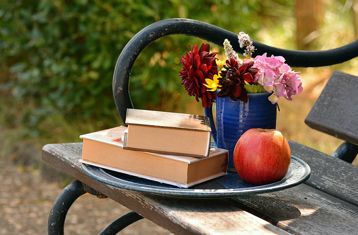 apple, bench, books, flora, flowers, vase, wood