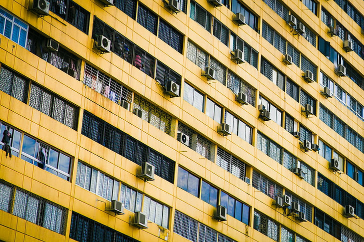 architecture, yellow, building, infrastructure, establishment, aircon, window